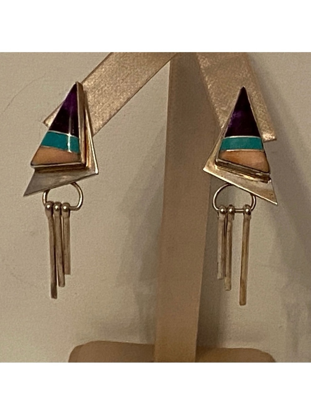 J. HOWE VINTAGE EARRINGS STERLING SILVER INLAY STONE PURPLE BLUE PINK NAVAJO